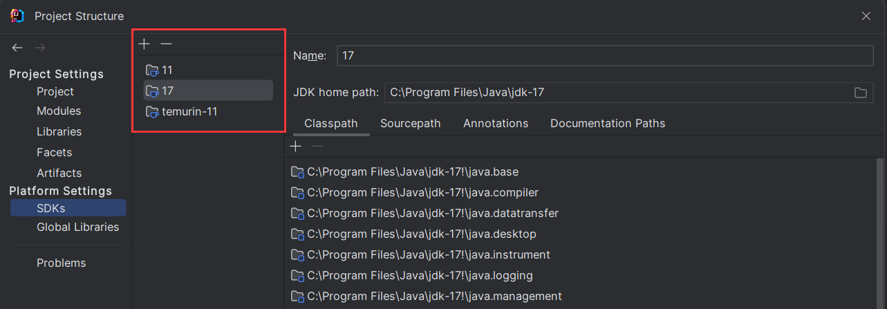 IDEA 可以在项目的平台设置中编辑 JDK 列表